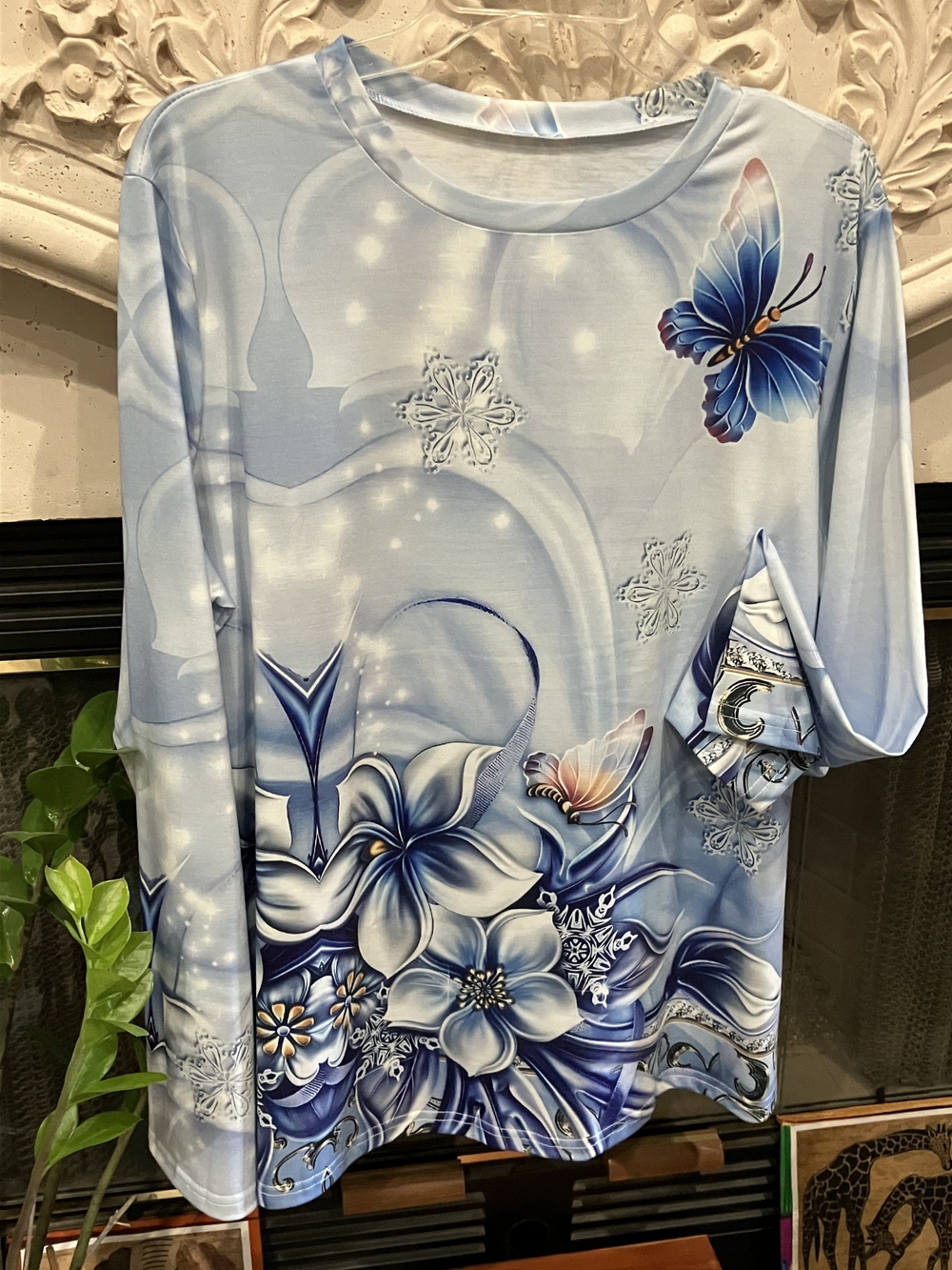 Blue Floral Butterfly Print Top XXL Long Sleeve Stretch Blouse